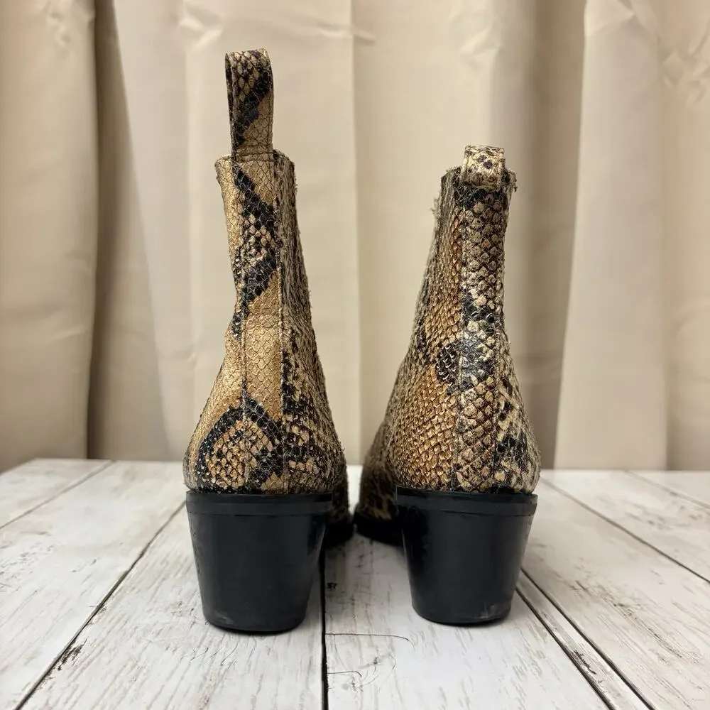 Flattered Snakeskin Boots Tan Black Python Western Ankle Booties EU 38 US 7.5